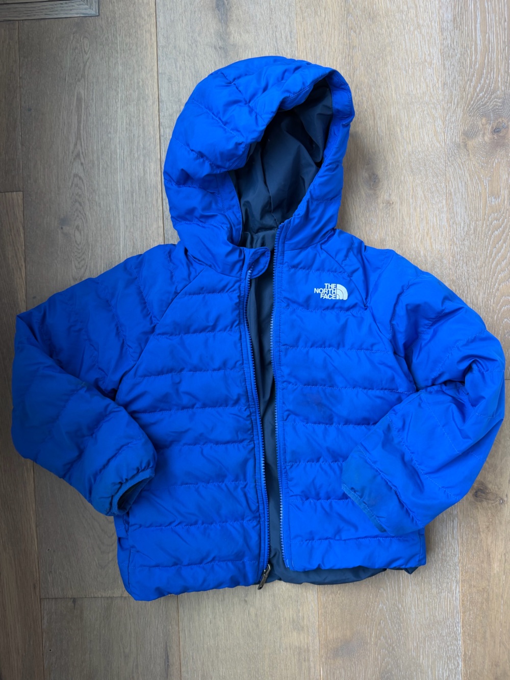 The North Face Kids Royal Blue reversible Hooded Puffer Jacket 7